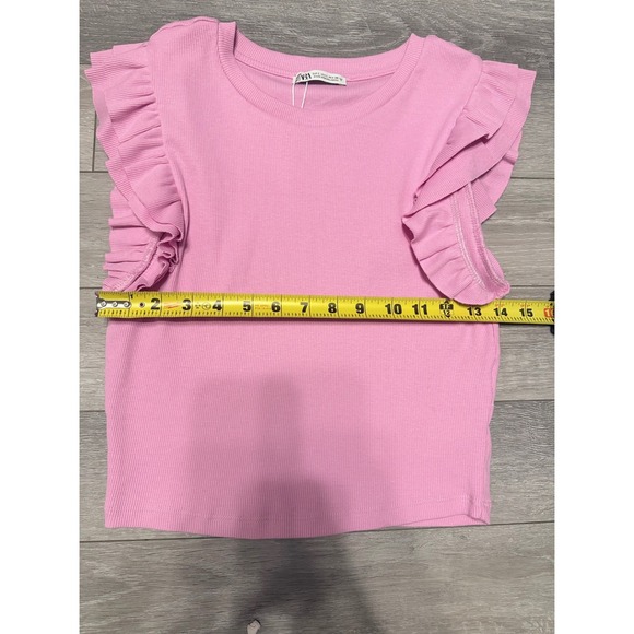NWOT Zara Women's L Pink Ribbed Ruffle Sleeve Top Fitted Knit Shirt - Picture 6 of 9